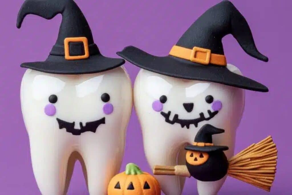 Two cartoon teeth wearing witch hats celebrate Halloween with a pumpkin and broomstick on purple background.