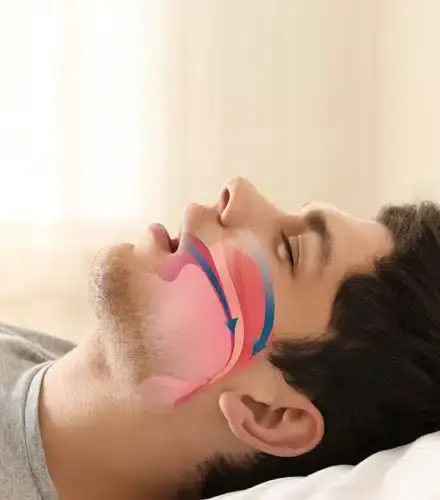 Male patient experiencing sleep apnea with airway obstruction highlighted in pink during sleep position.