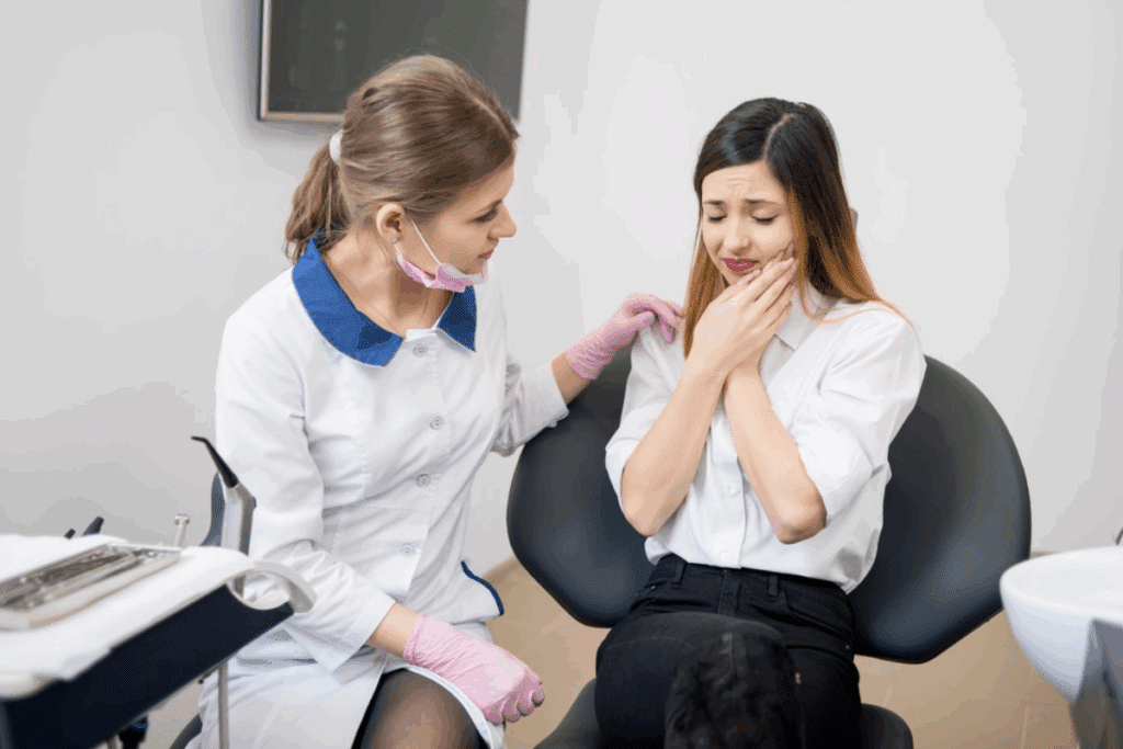Dentist examining patient's jaw and teeth during cosmetic dental consultation at Puyallup office.