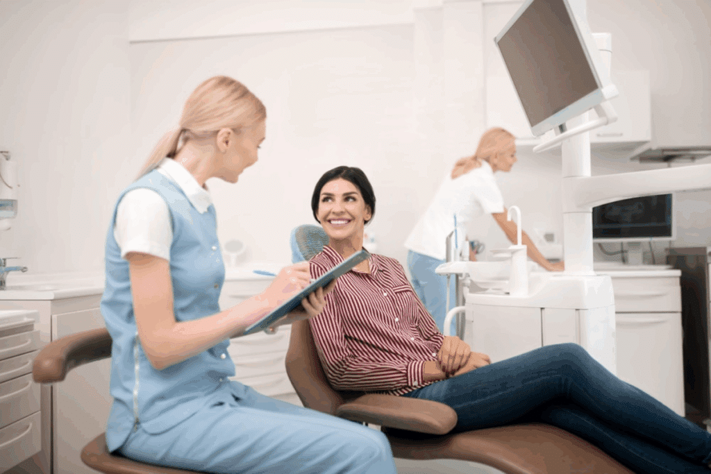 Dental hygienist showing patient intraoral camera during consultation at Puyallup practice.