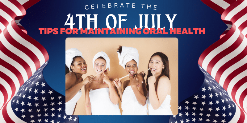 Four women demonstrating proper tooth brushing technique for July 4th oral health tips.