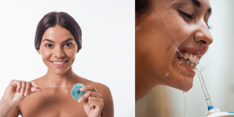 Woman demonstrating proper string floss technique for daily oral hygiene and dental care.